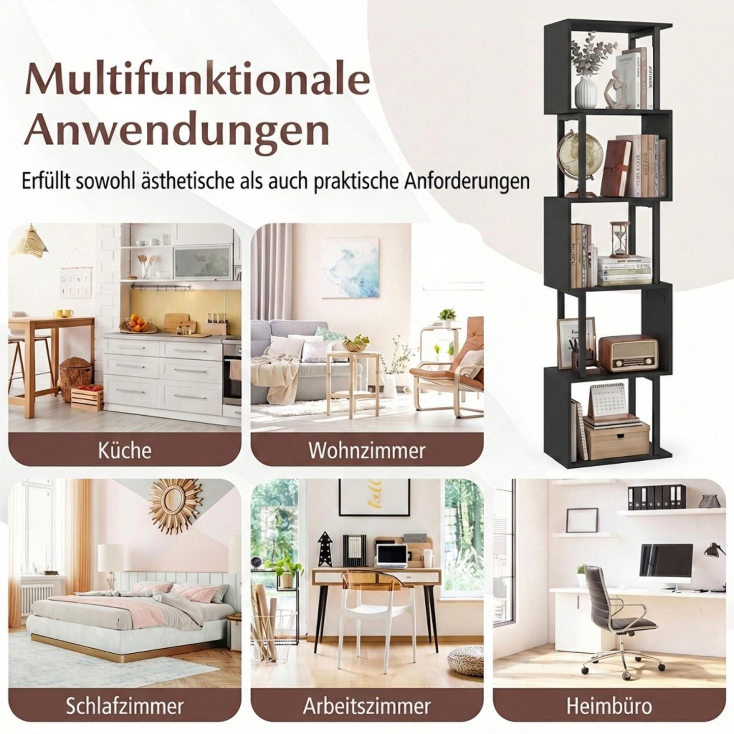 5-Tier Geometric Bookshelf with Anti-Tip, Black