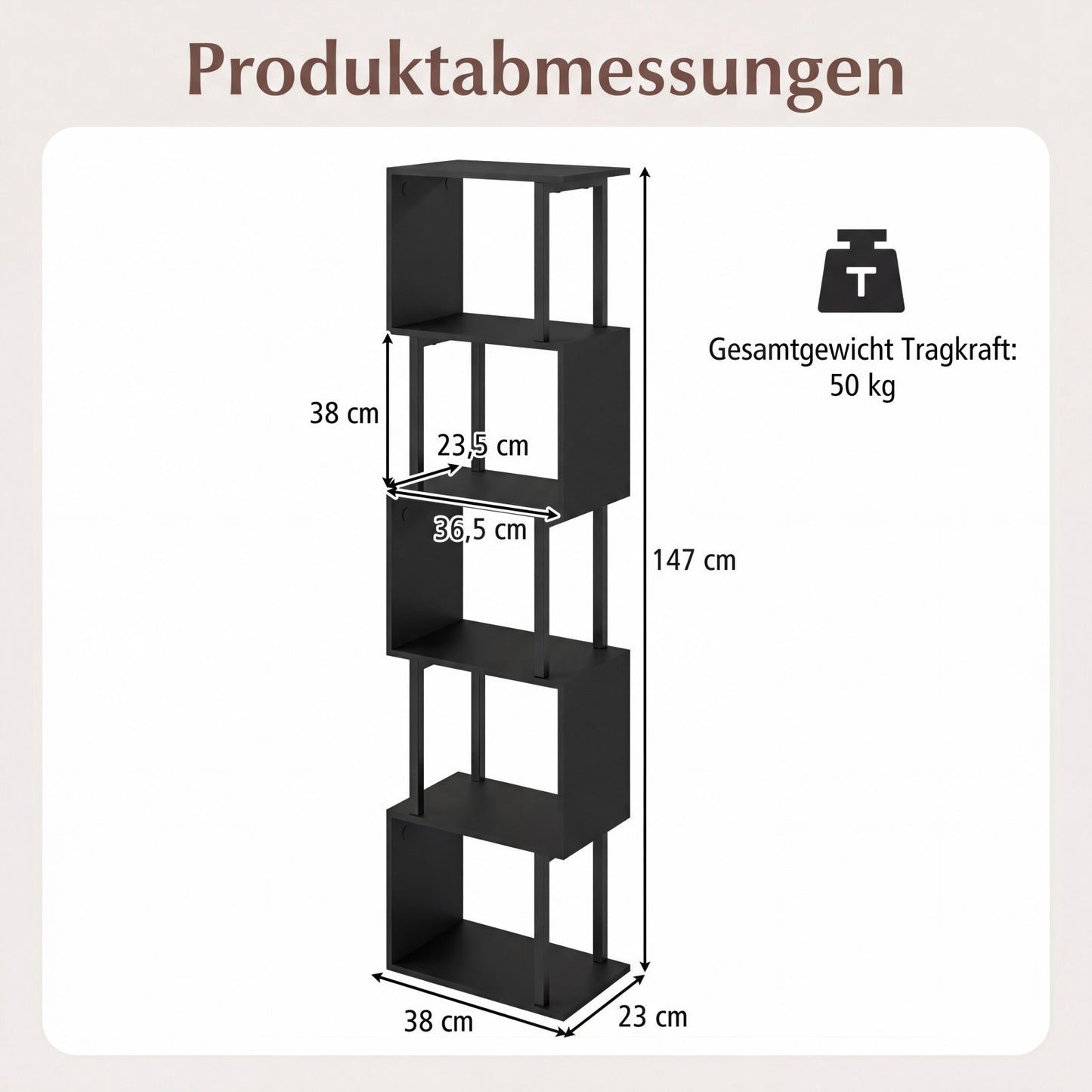 5-Tier Geometric Bookshelf with Anti-Tip, Black