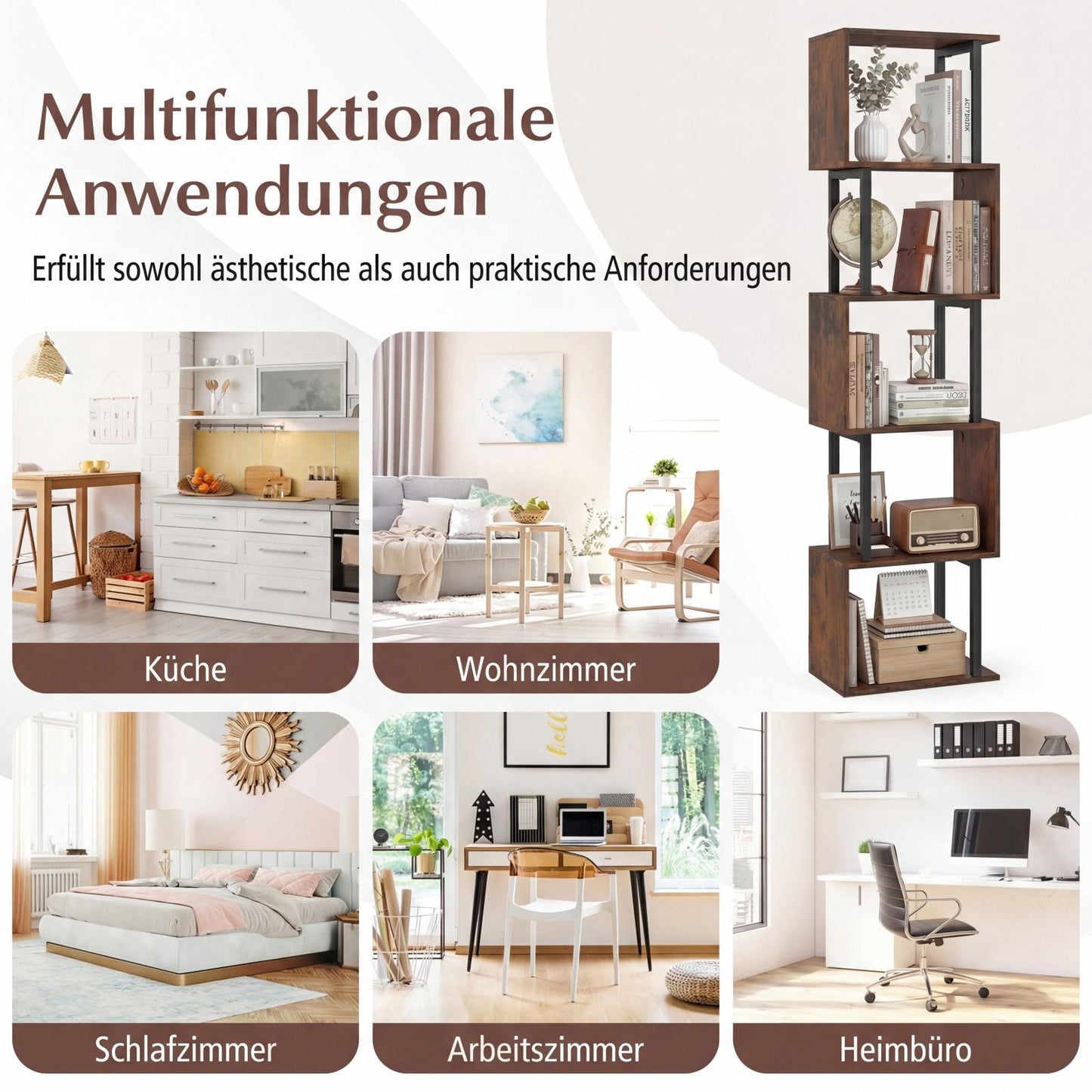 5-Tier Geometric Bookshelf with Anti-Tip, Rustic Brown
