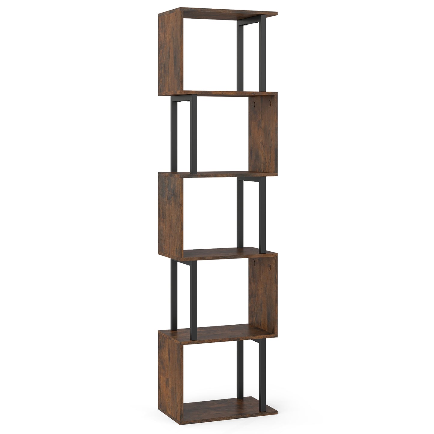 5-Tier Geometric Bookshelf with Anti-Tip, Rustic Brown