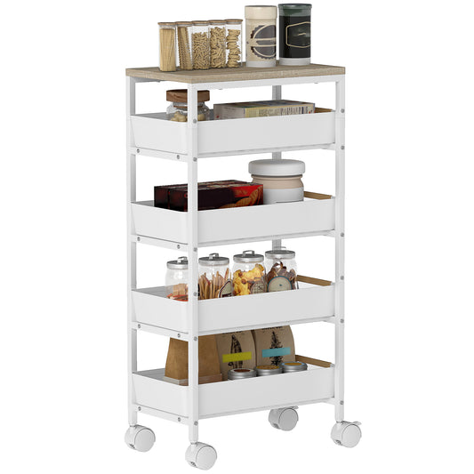 5-Tier Kitchen Cart, Wood Look, Metal Frame, 4 Drawers