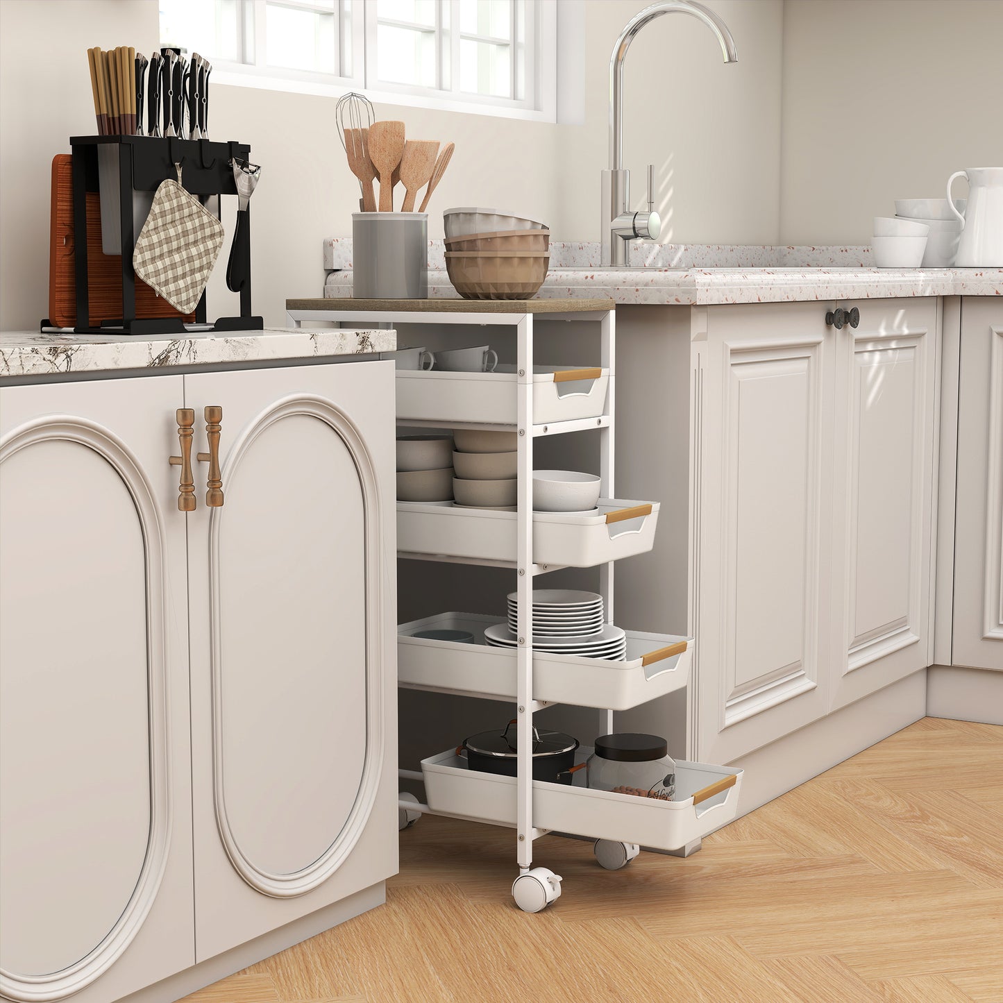5-Tier Kitchen Cart, Wood Look, Metal Frame, 4 Drawers