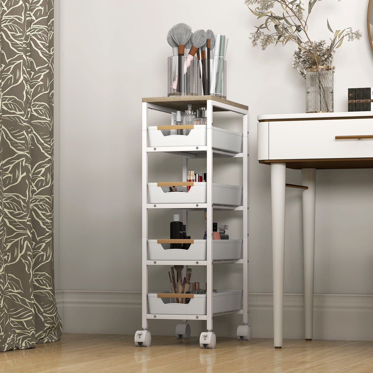 5-Tier Kitchen Cart, Wood Look, Metal Frame, 4 Drawers
