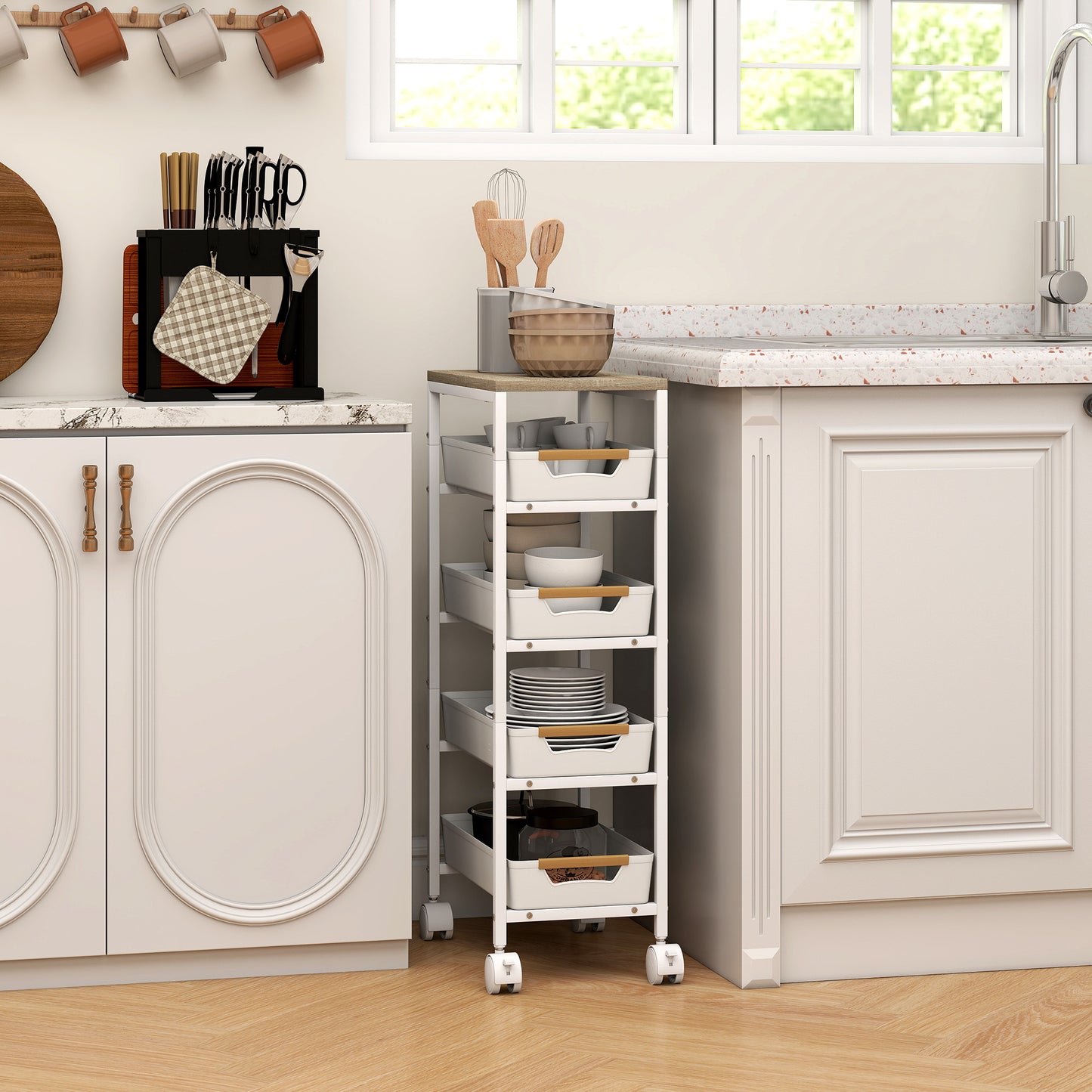 5-Tier Kitchen Cart, Wood Look, Metal Frame, 4 Drawers