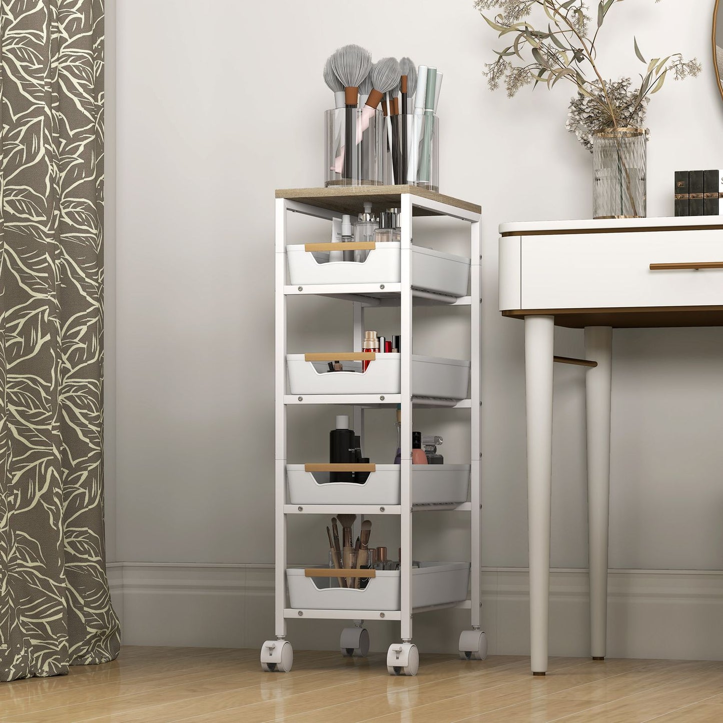 5-Tier Kitchen Cart, Wood Look, Metal Frame, 4 Drawers