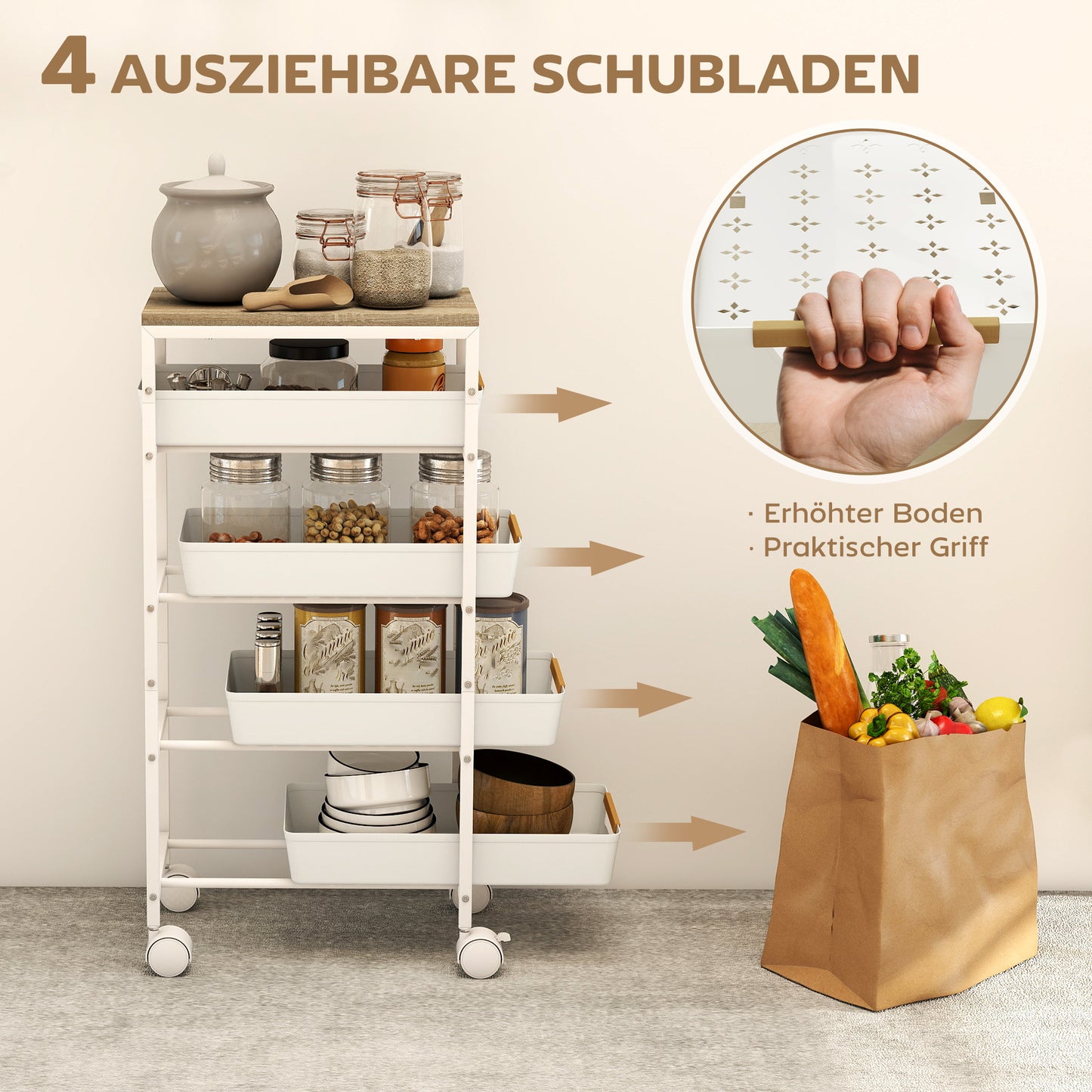 5-Tier Kitchen Cart, Wood Look, Metal Frame, 4 Drawers