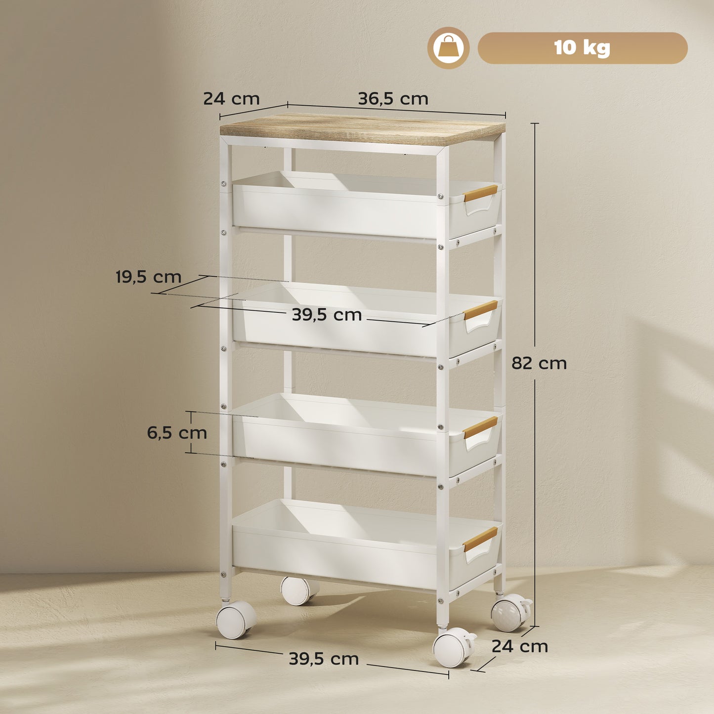 5-Tier Kitchen Cart, Wood Look, Metal Frame, 4 Drawers