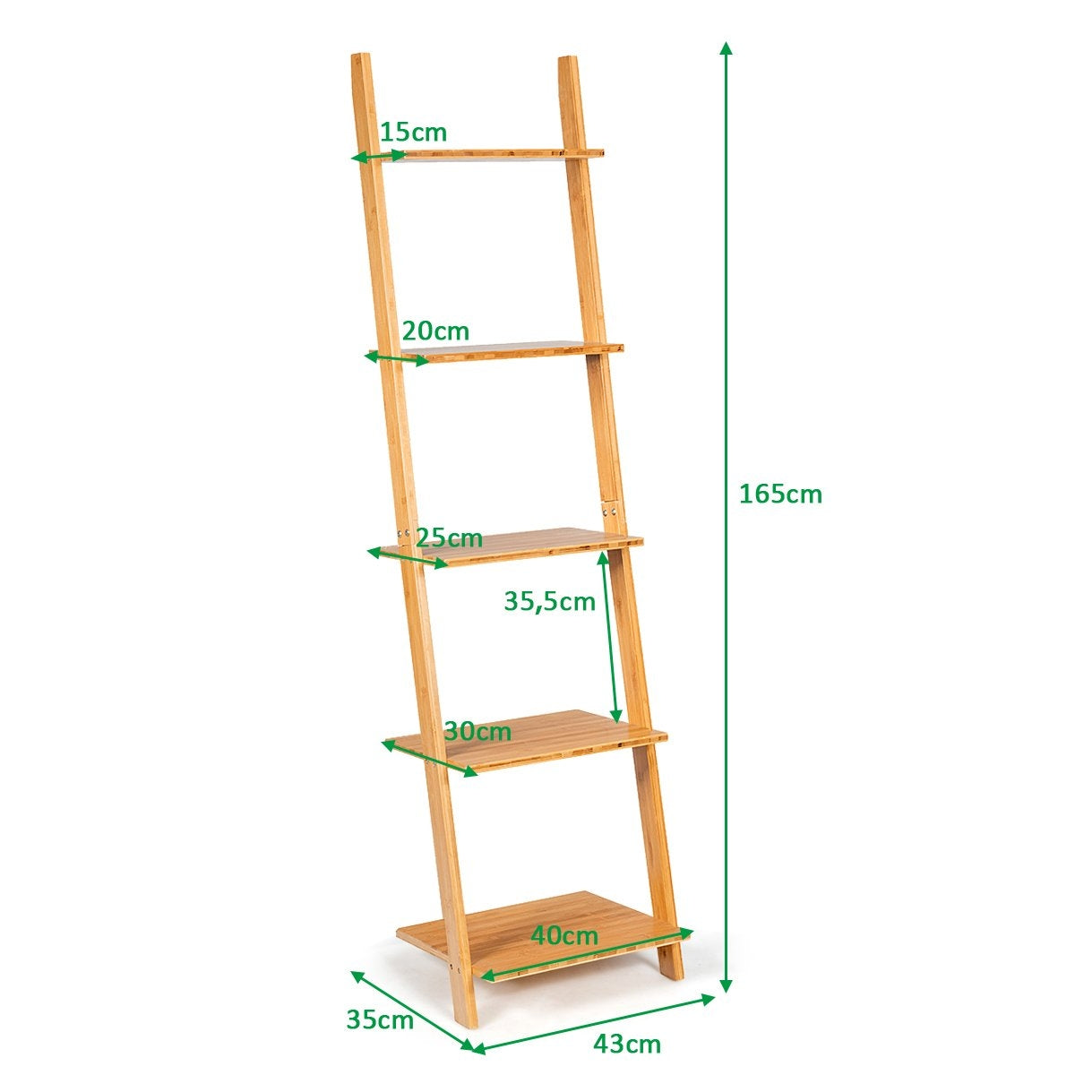 5 Tier Ladder Shelf Made of Bamboo Narrow Bookcase Standing Shelf 43 x 35 x 165 cm Natural