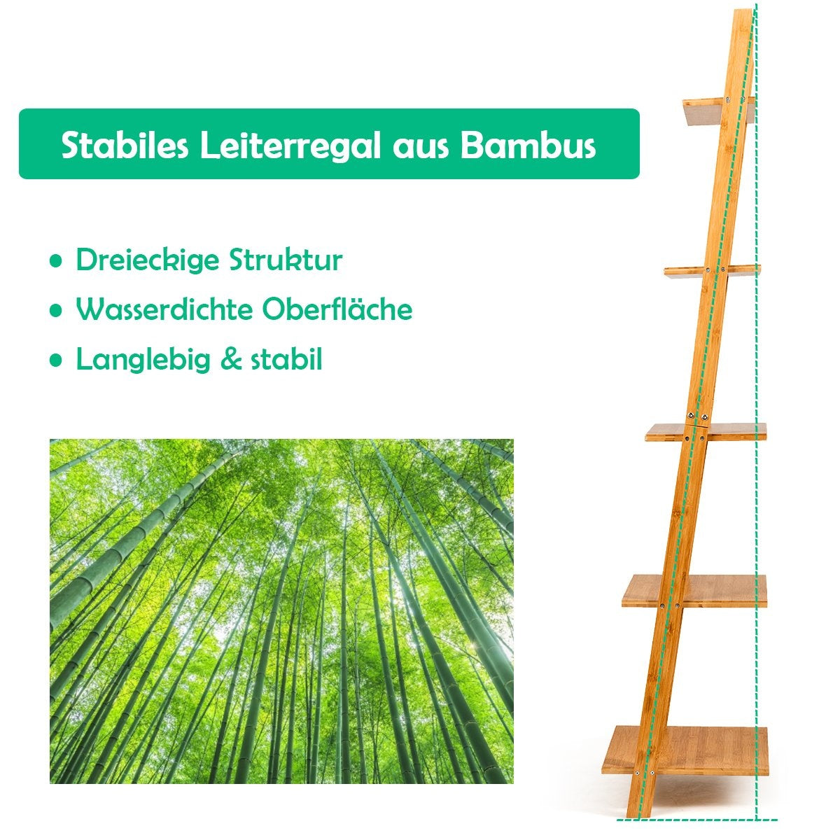 5 Tier Ladder Shelf Made of Bamboo Narrow Bookcase Standing Shelf 43 x 35 x 165 cm Natural