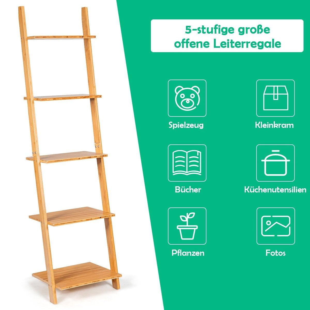 5 Tier Ladder Shelf Made of Bamboo Narrow Bookcase Standing Shelf 43 x 35 x 165 cm Natural
