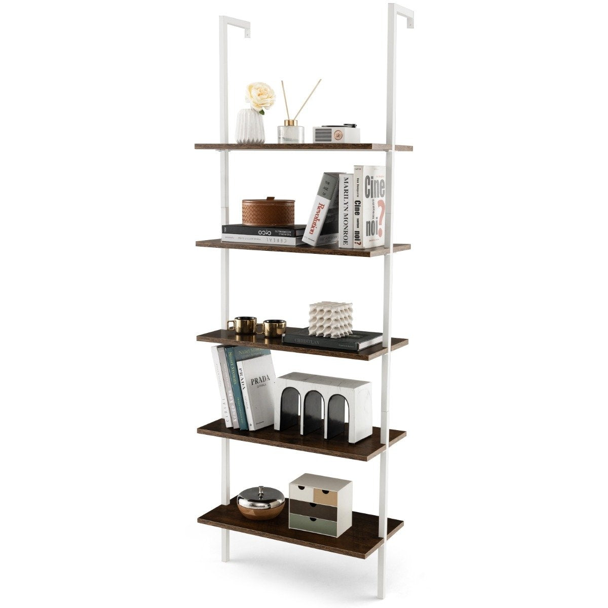 5 Tier Ladder Shelf Wall Mounted 180cm Bookcase with Metal Frame Brown
