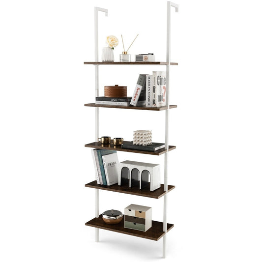 5 Tier Ladder Shelf Wall Mounted 180cm Bookcase with Metal Frame Brown