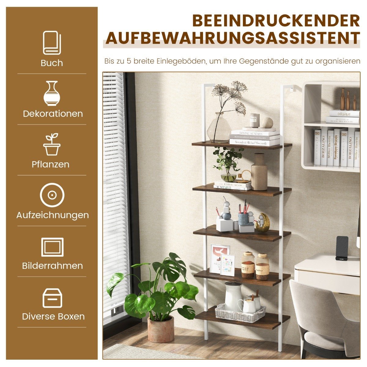 5 Tier Ladder Shelf Wall Mounted 180cm Bookcase with Metal Frame Brown