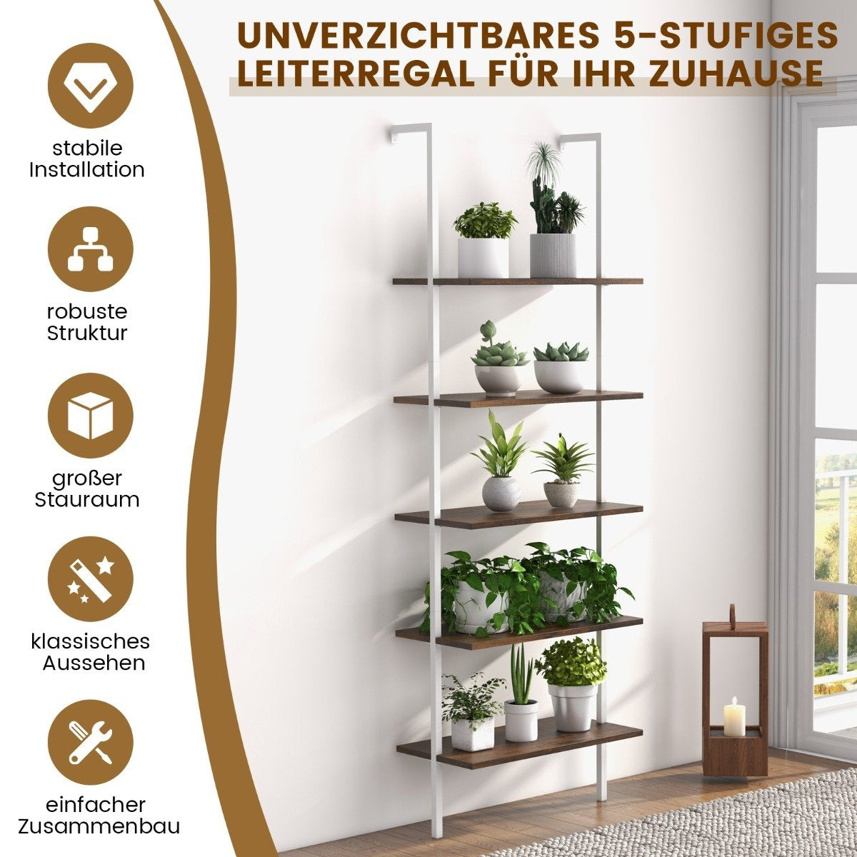 5 Tier Ladder Shelf Wall Mounted 180cm Bookcase with Metal Frame Brown