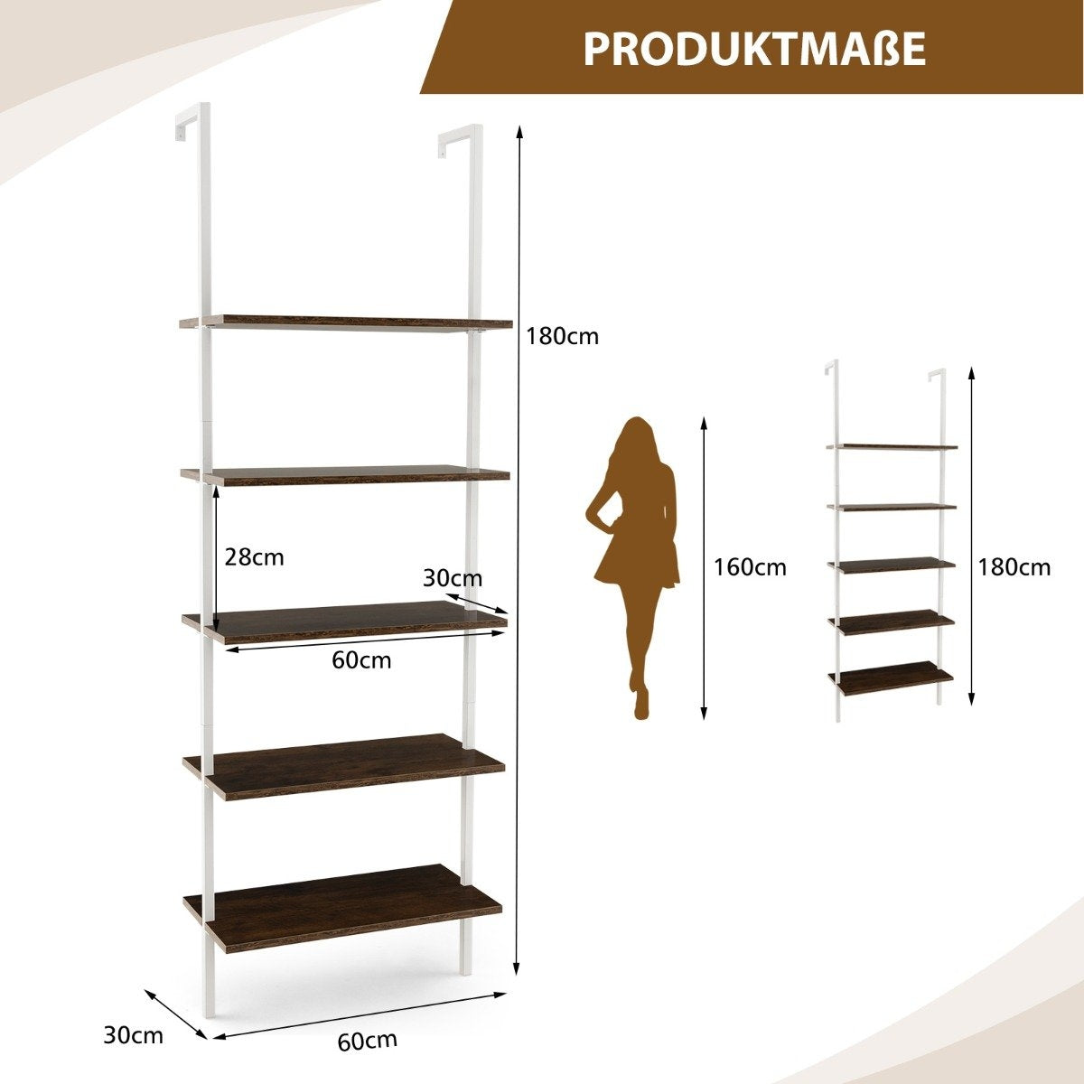 5 Tier Ladder Shelf Wall Mounted 180cm Bookcase with Metal Frame Brown