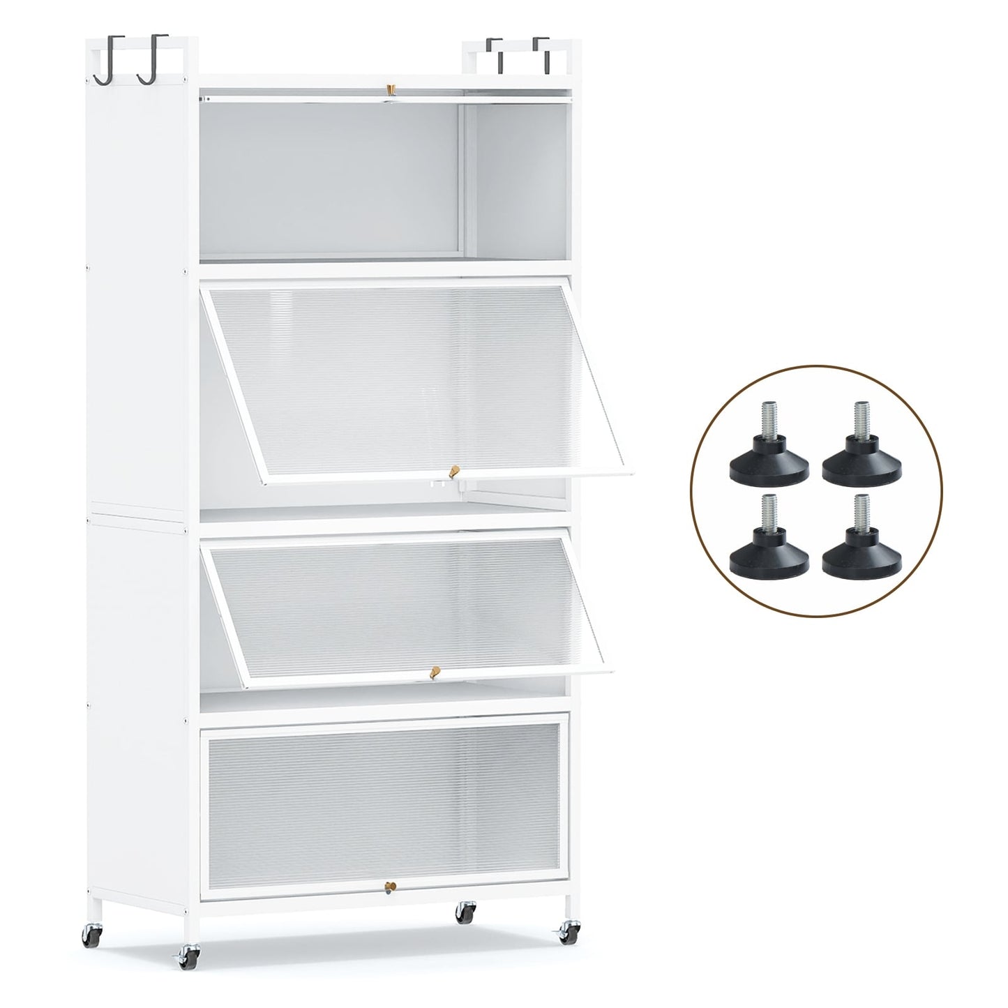 5-Tier Metal Pantry Cabinet with 4 Folding Doors, White