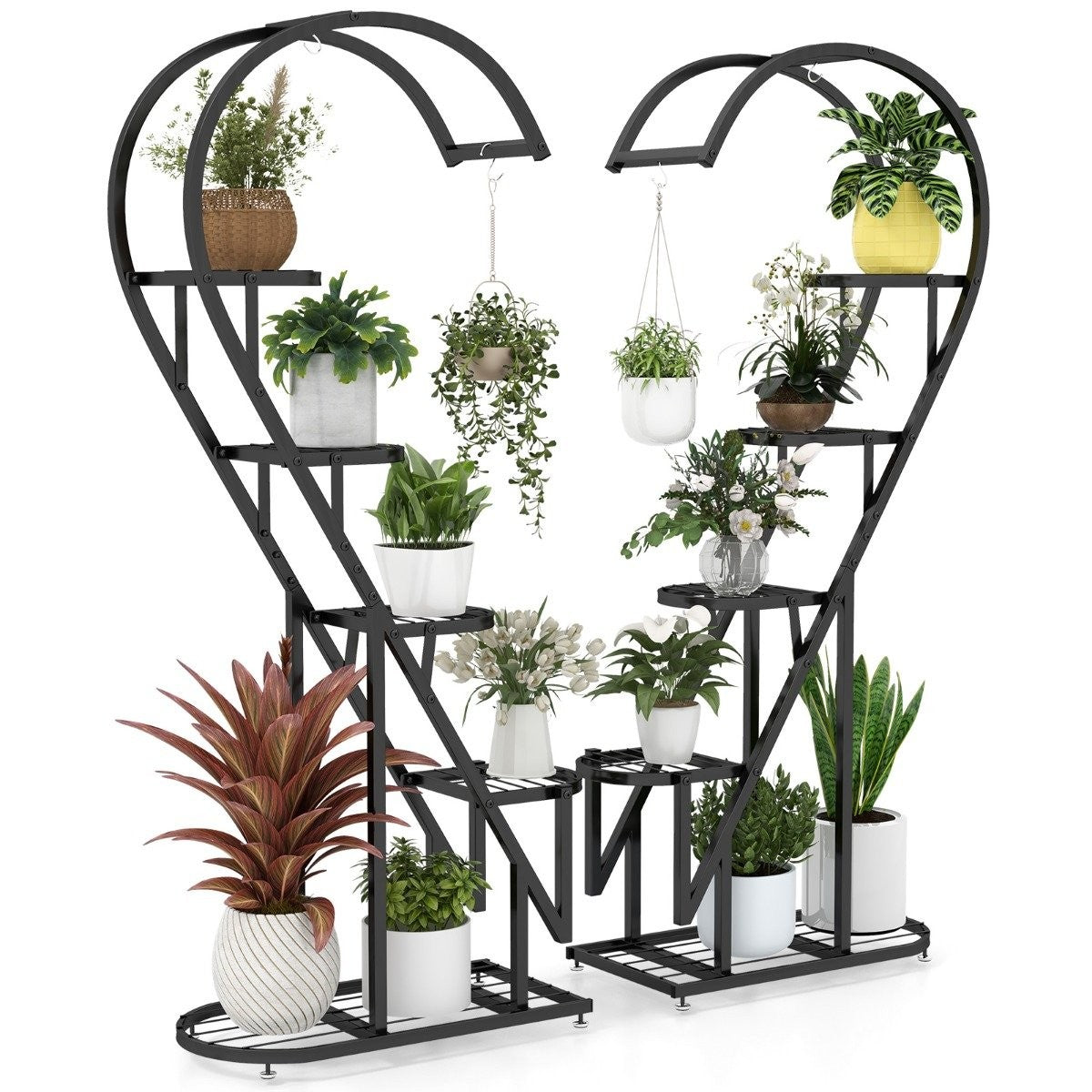 5-Tier Metal Plant Stand Heart-Shaped Flower Shelf with Hooks 71 x 30.5 x 148 cm Black