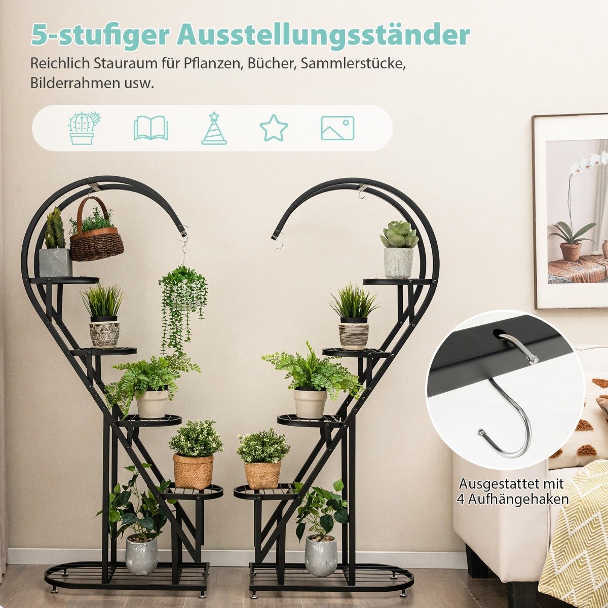 5-Tier Metal Plant Stand Heart-Shaped Flower Shelf with Hooks 71 x 30.5 x 148 cm Black