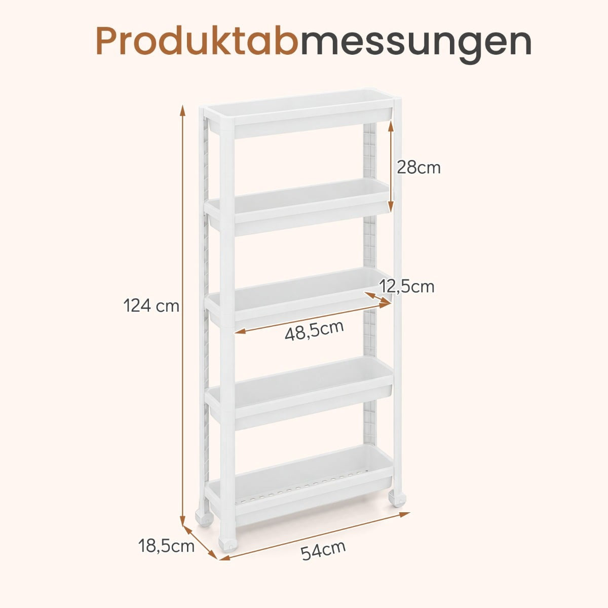 5-Tier Narrow Rolling Kitchen Cart with Handles, White