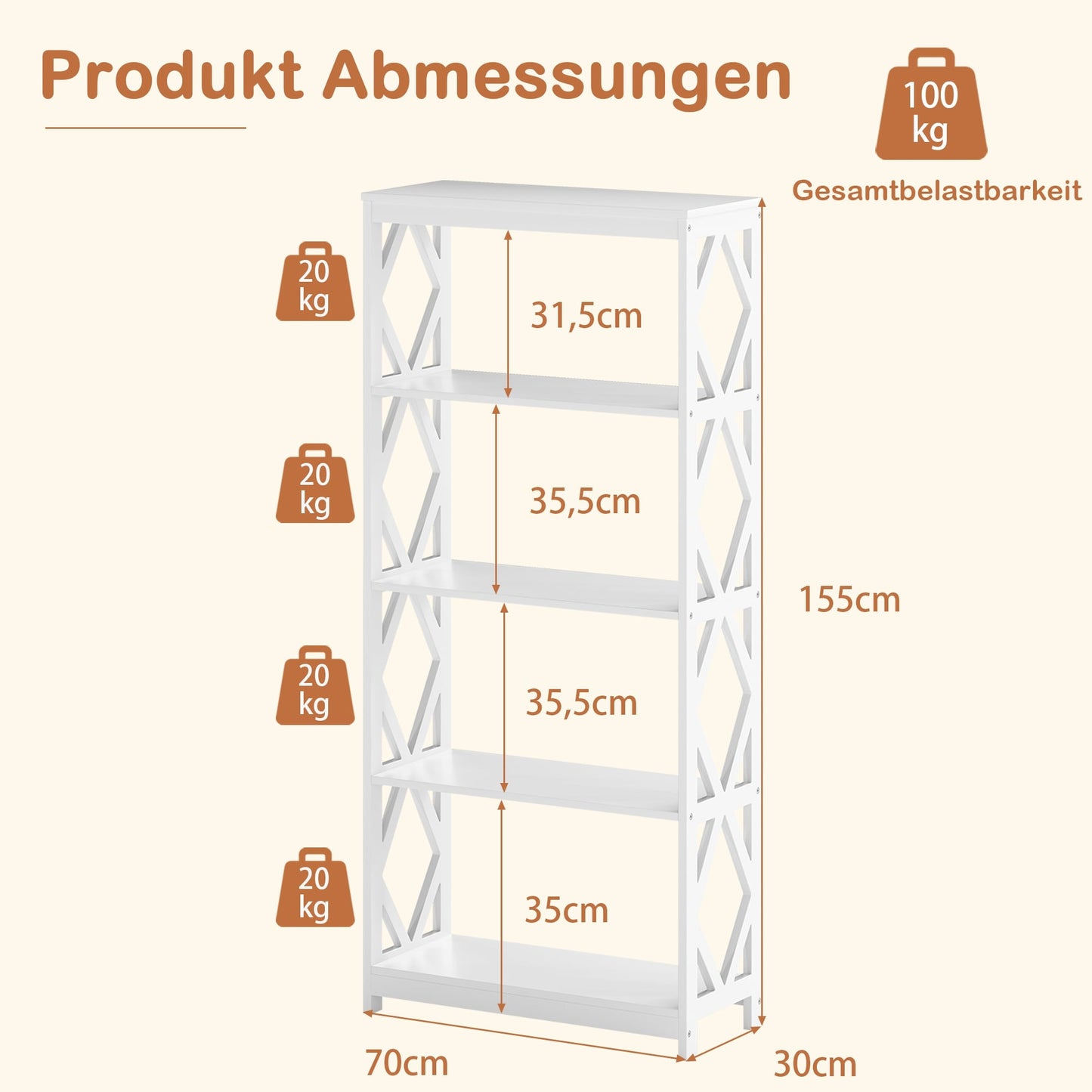 5-Tier Open Bookshelf, White MDF, Rhombus Design