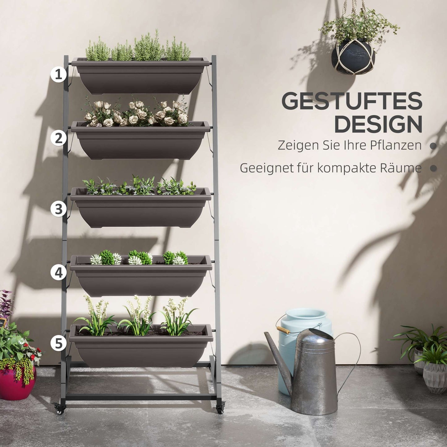 5-Tier Plant Stand with Wheels, 145 cm High, Steel