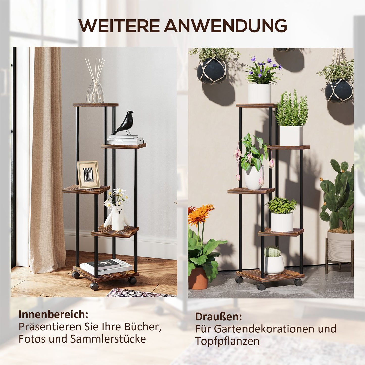 Plant stand in 5-story steel with wheels for indoor and outdoor use