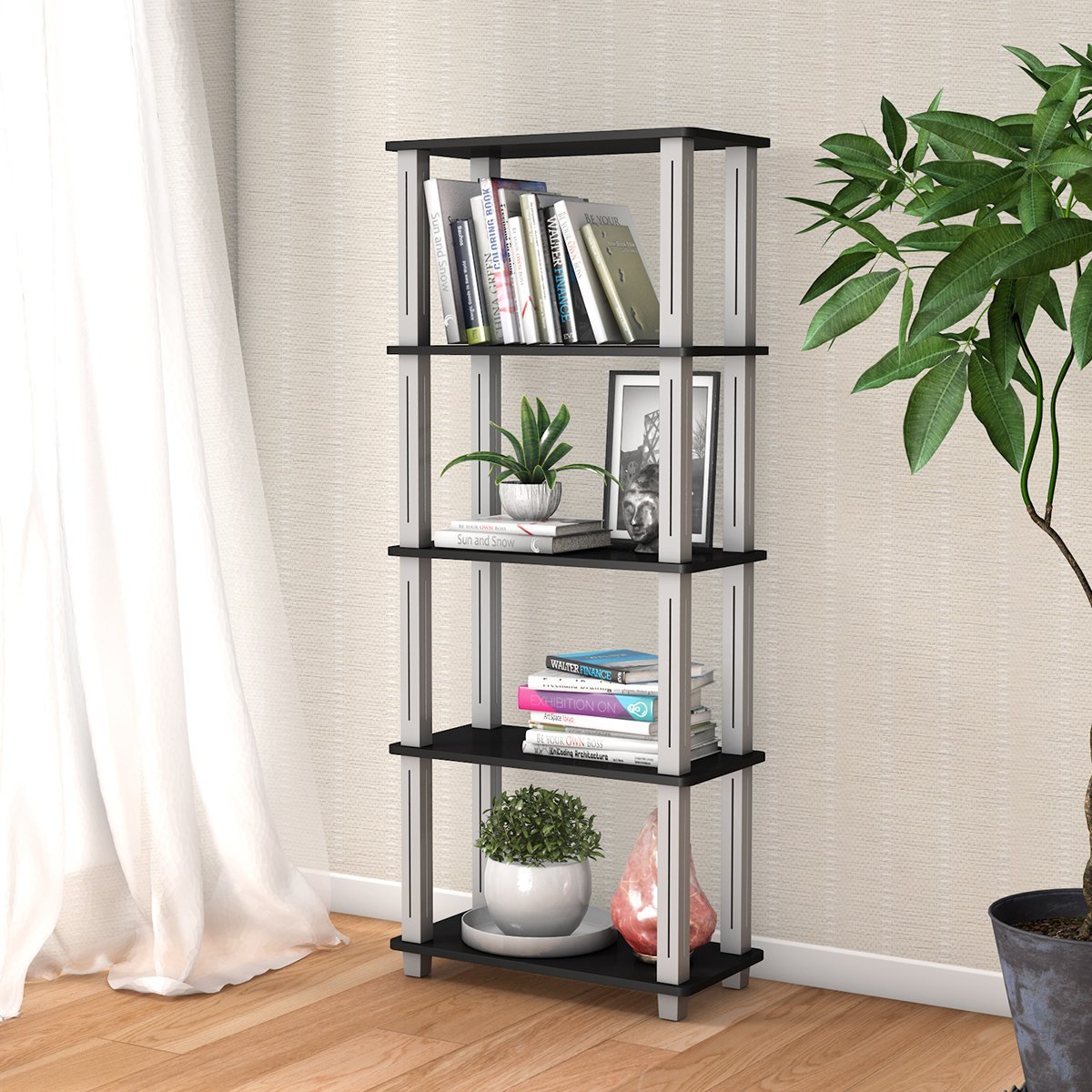 5 Tier Storage Rack with Flat Open Shelves Multifunctional Shelf Black