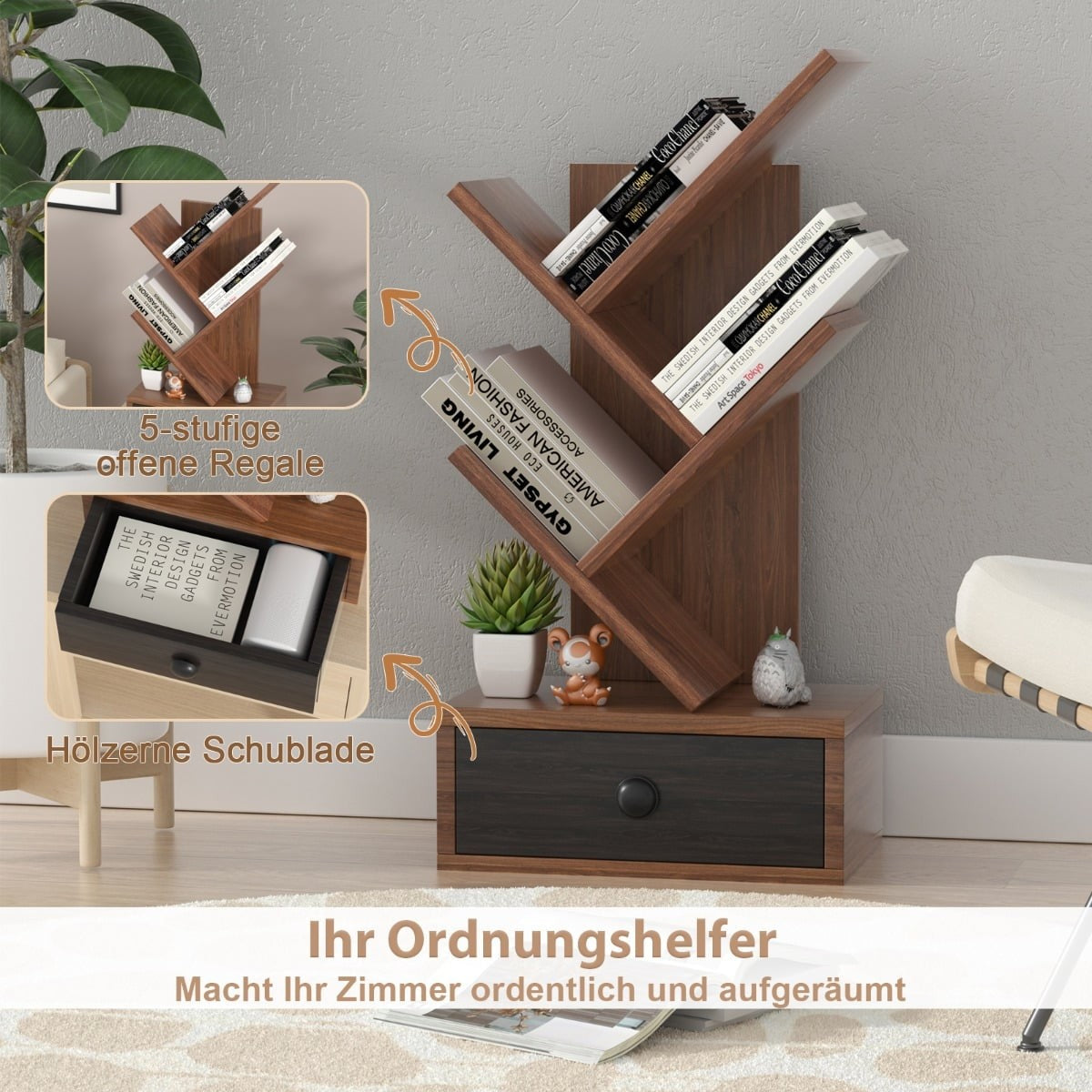 5-Tier Tree Bookshelf with Drawer – Brown, Space-Saving