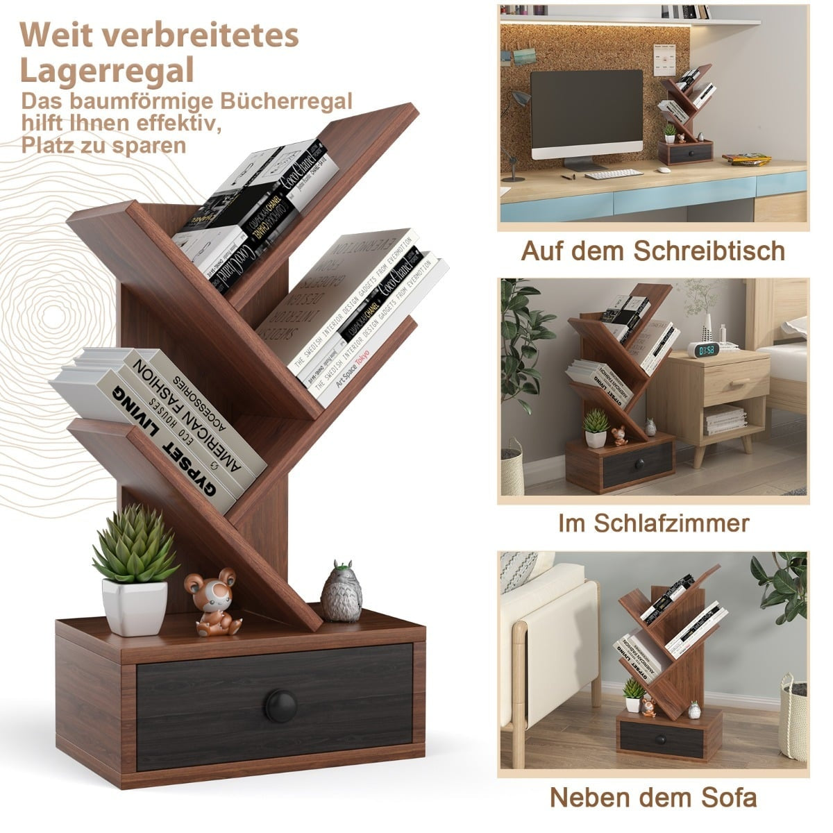 5-Tier Tree Bookshelf with Drawer – Brown, Space-Saving