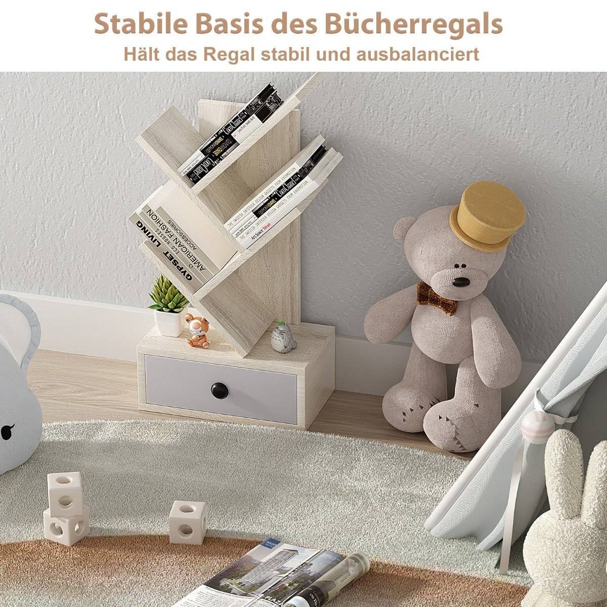 5 Tier Tree Bookshelf with Drawer Multi-Purpose CD & DVD Shelf Beige
