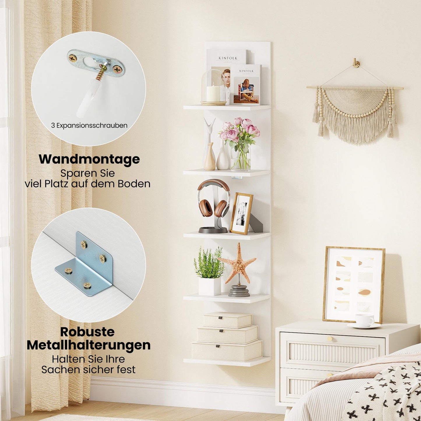 5-Tier Wall-Mounted Shelf, White, Space-Saving Design