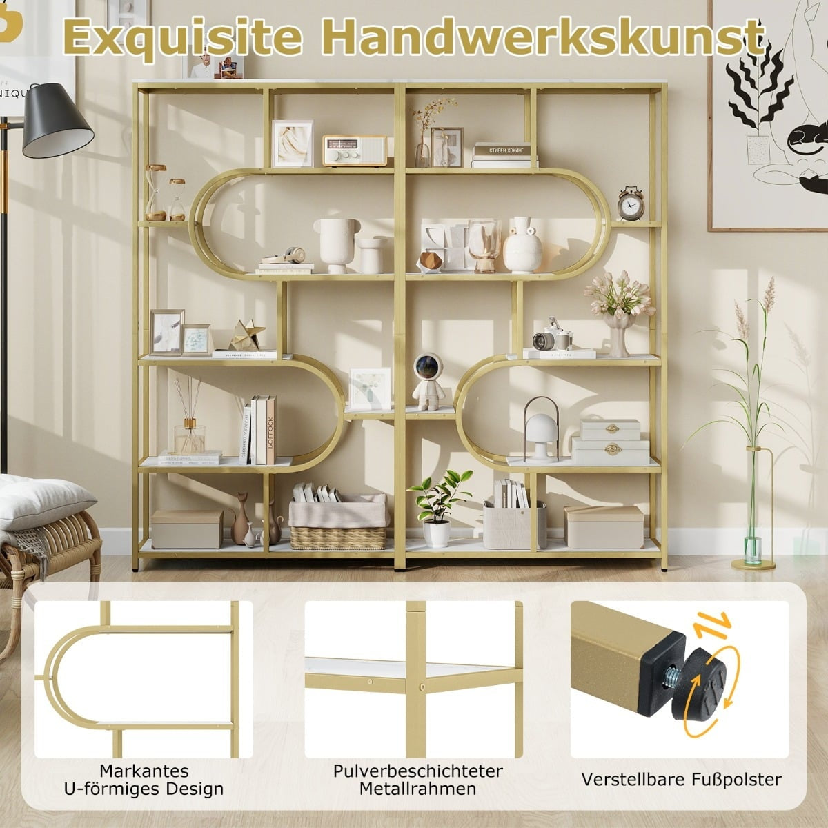 5-Tier White & Gold Bookshelf with Open Shelves