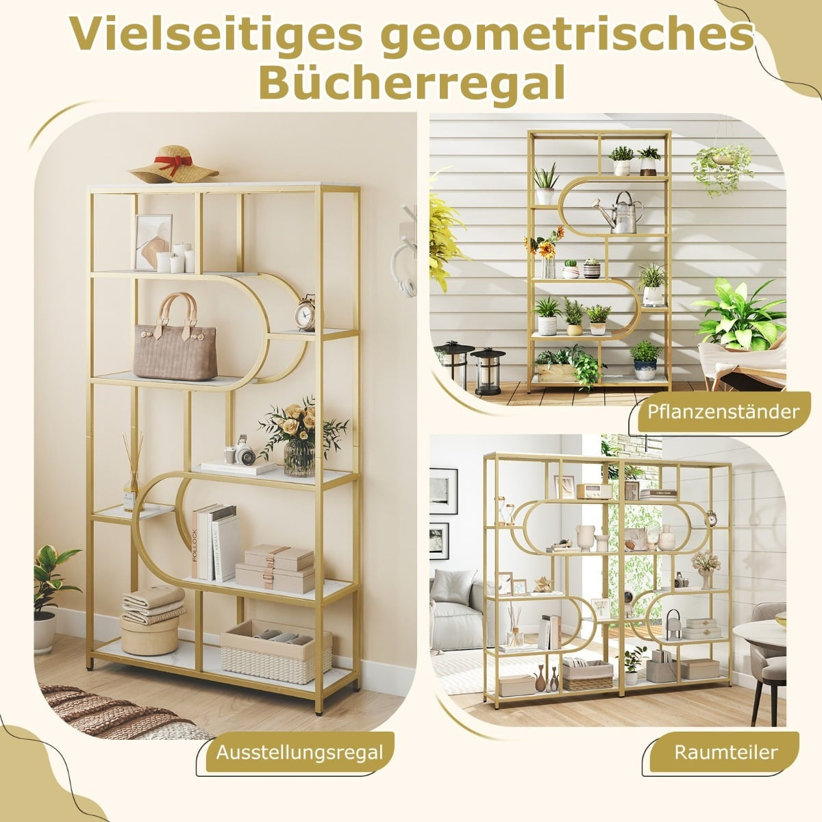 5-Tier White & Gold Bookshelf with Open Shelves