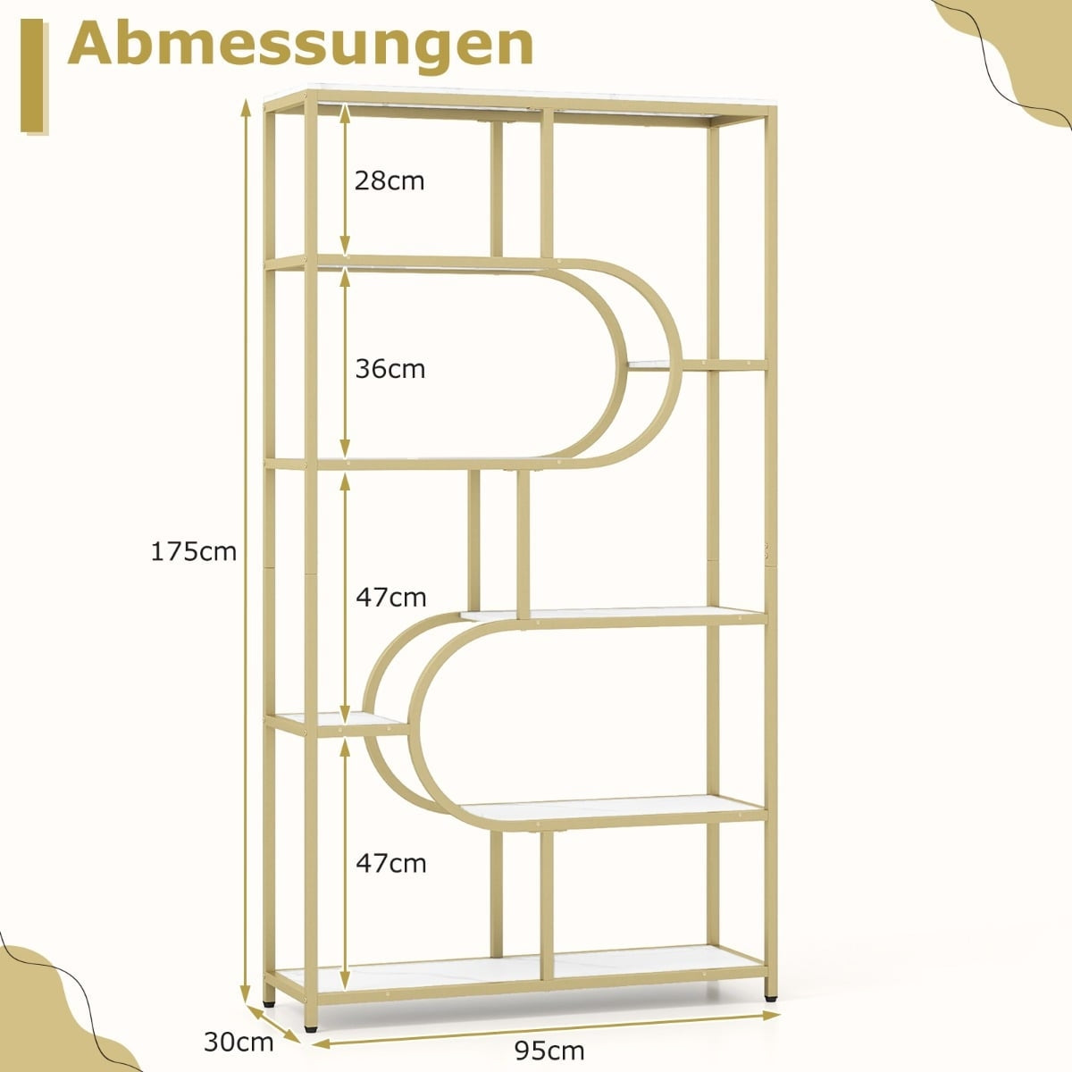 5-Tier White & Gold Bookshelf with Open Shelves