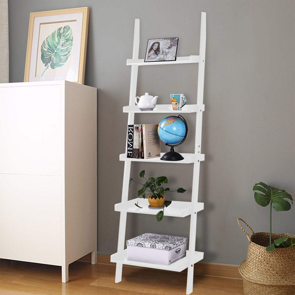 5-Tier White Ladder Shelf – Versatile Storage Unit