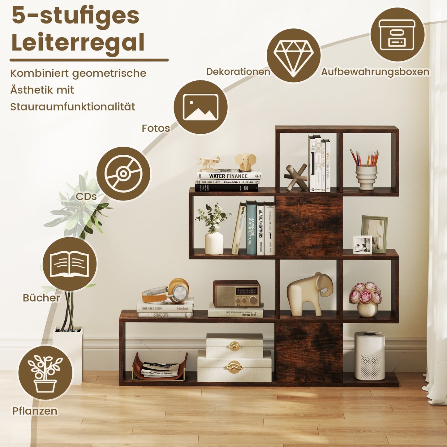 5-Tier Wooden Ladder Bookshelf, 120x19.5x109 cm, Brown