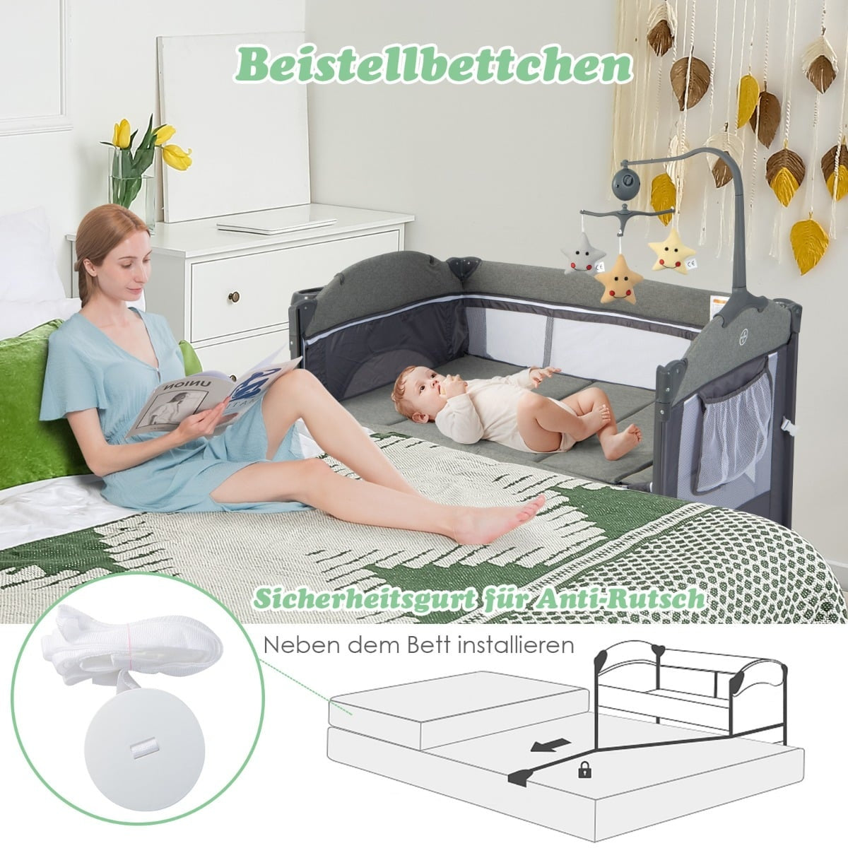 5-in-1 Baby Crib with Mattress, Changing Table, Toy Bar