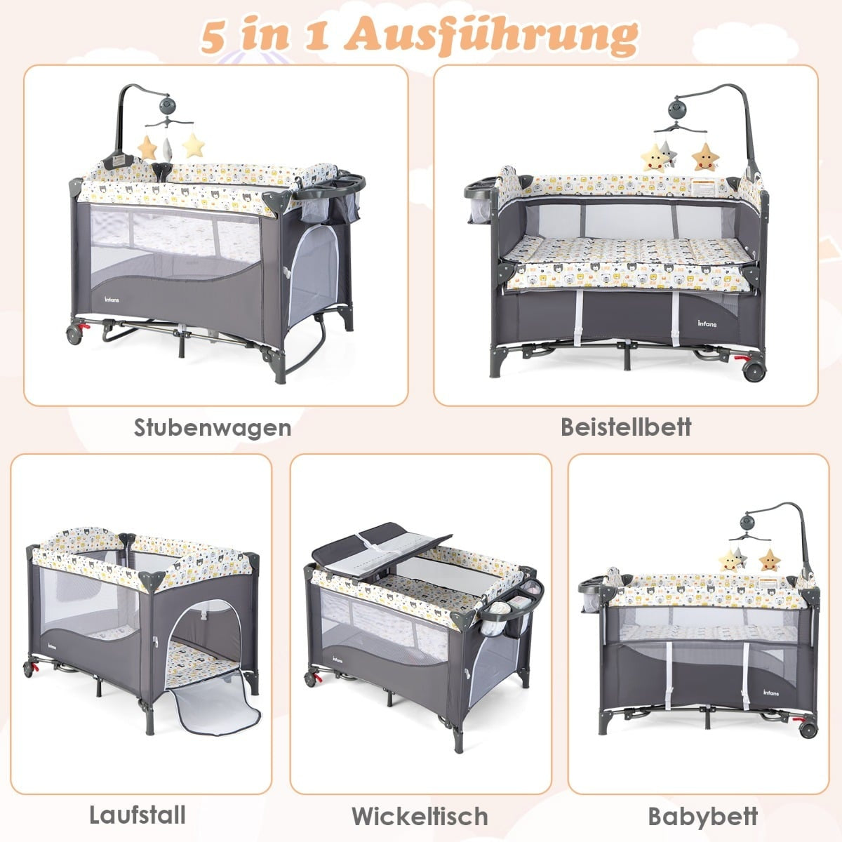 5-in-1 Baby Crib with Mattress, Changing Table, Toy Bar