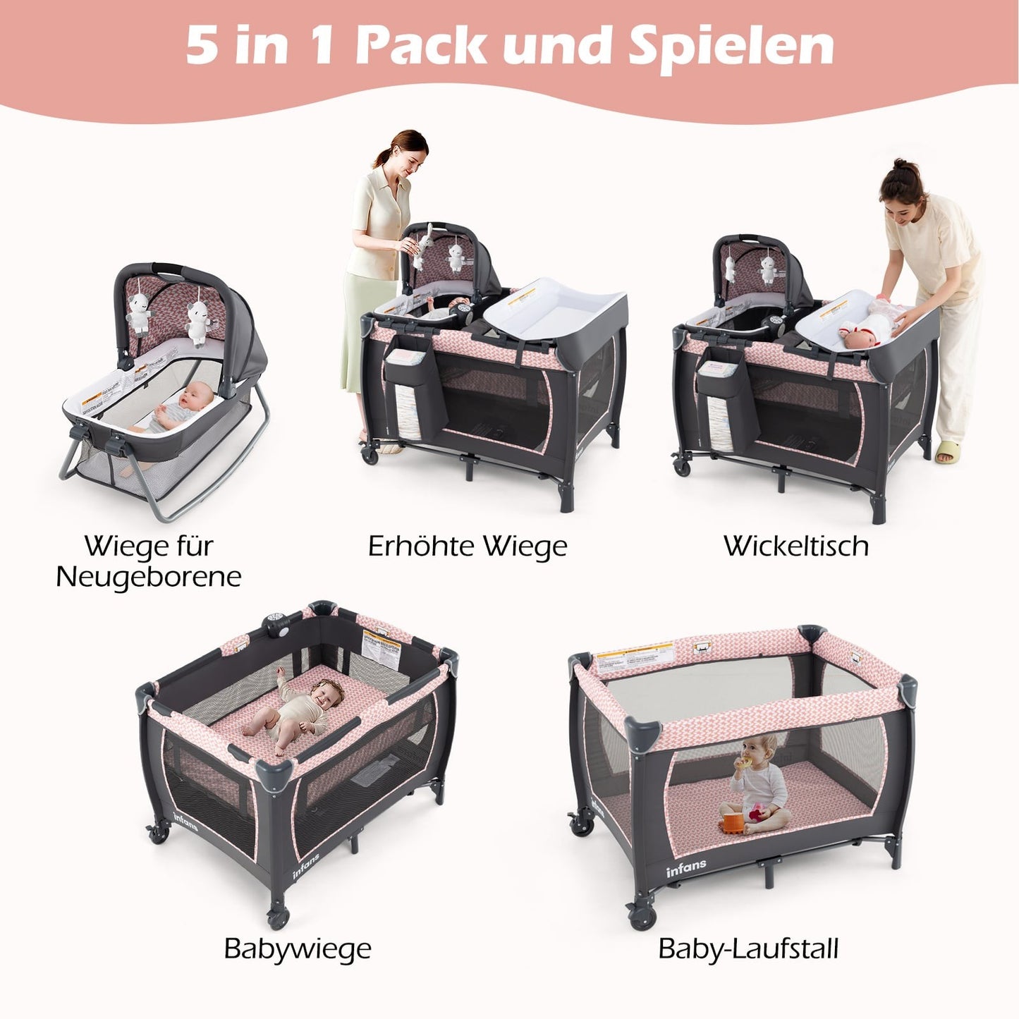 5-in-1 Baby Travel Crib with Changing Table & Bassinet