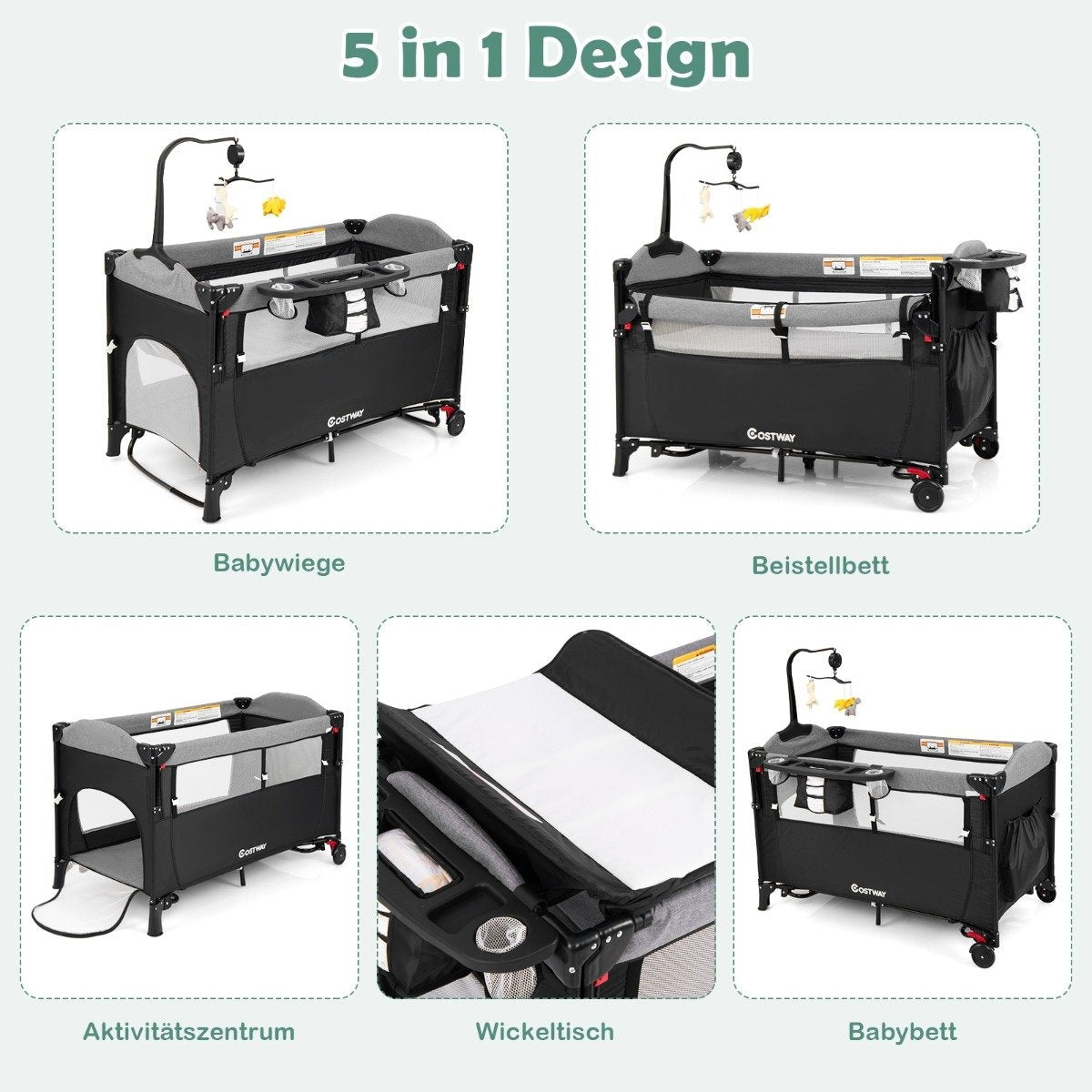 5-in-1 Convertible Baby Bed with Changing Table & Storage Bag Black