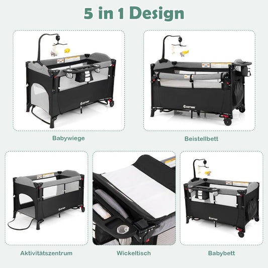 5-in-1 Convertible Baby Bed with Changing Table & Storage Bag Black