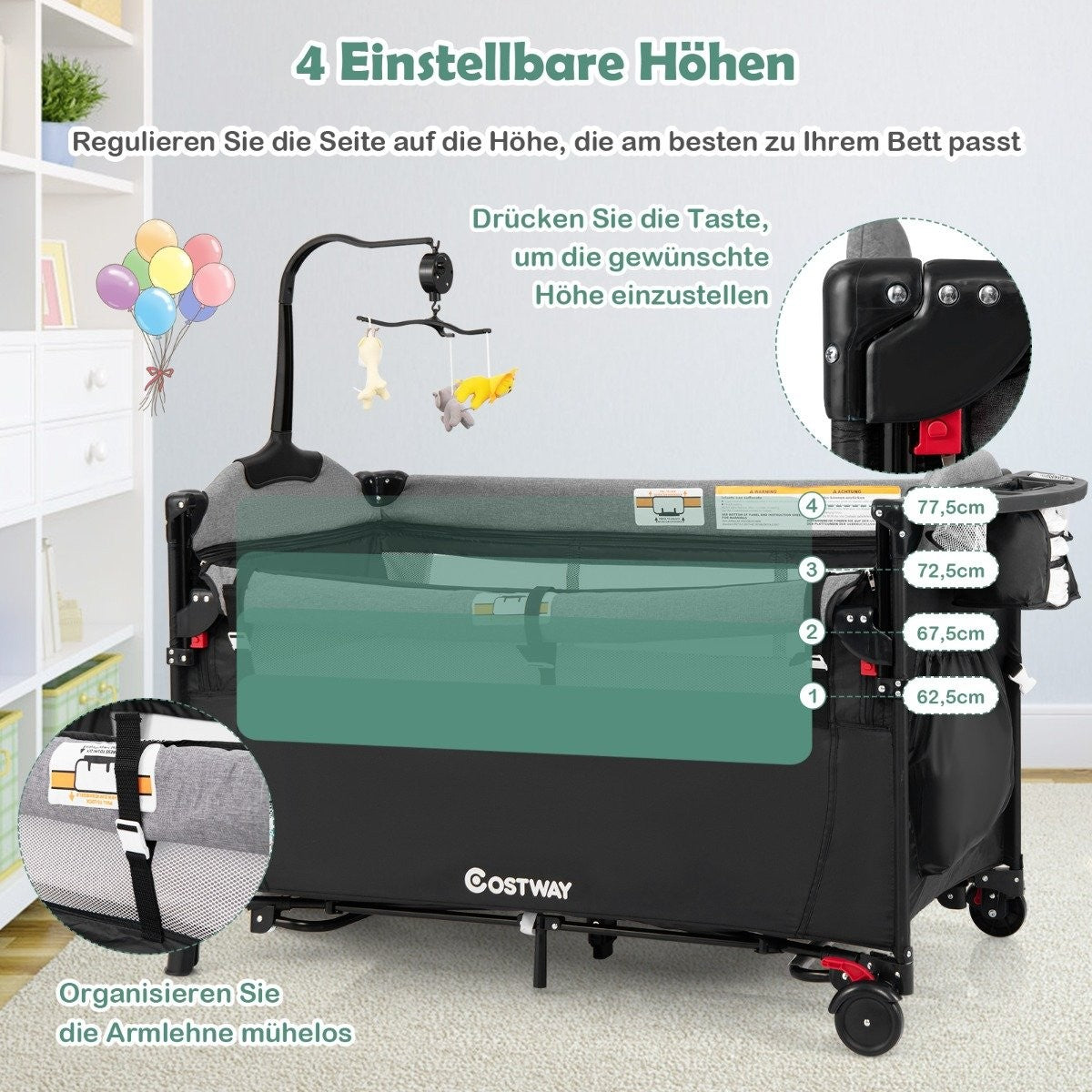 5-in-1 Convertible Baby Bed with Changing Table & Storage Bag Black