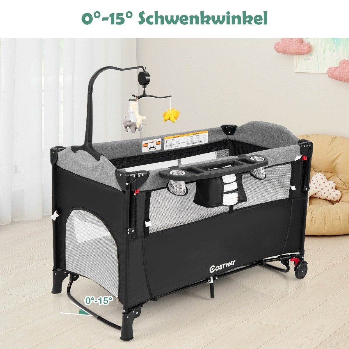 5-in-1 Convertible Baby Bed with Changing Table & Storage Bag Black