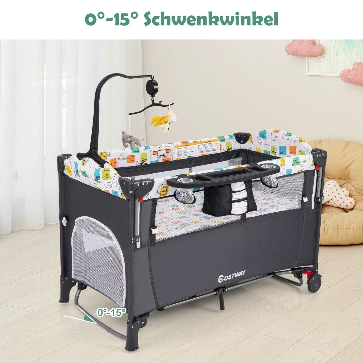5-in-1 Convertible Baby Bed with Changing Table & Storage Bag Gray