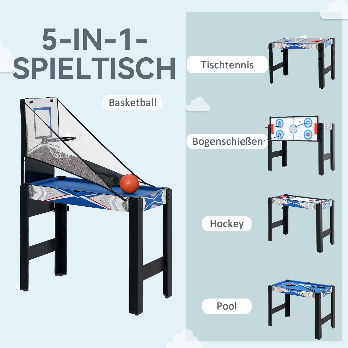 5-in-1 Game Table: Billiards, Table Tennis, Hockey, Basketball, Archery