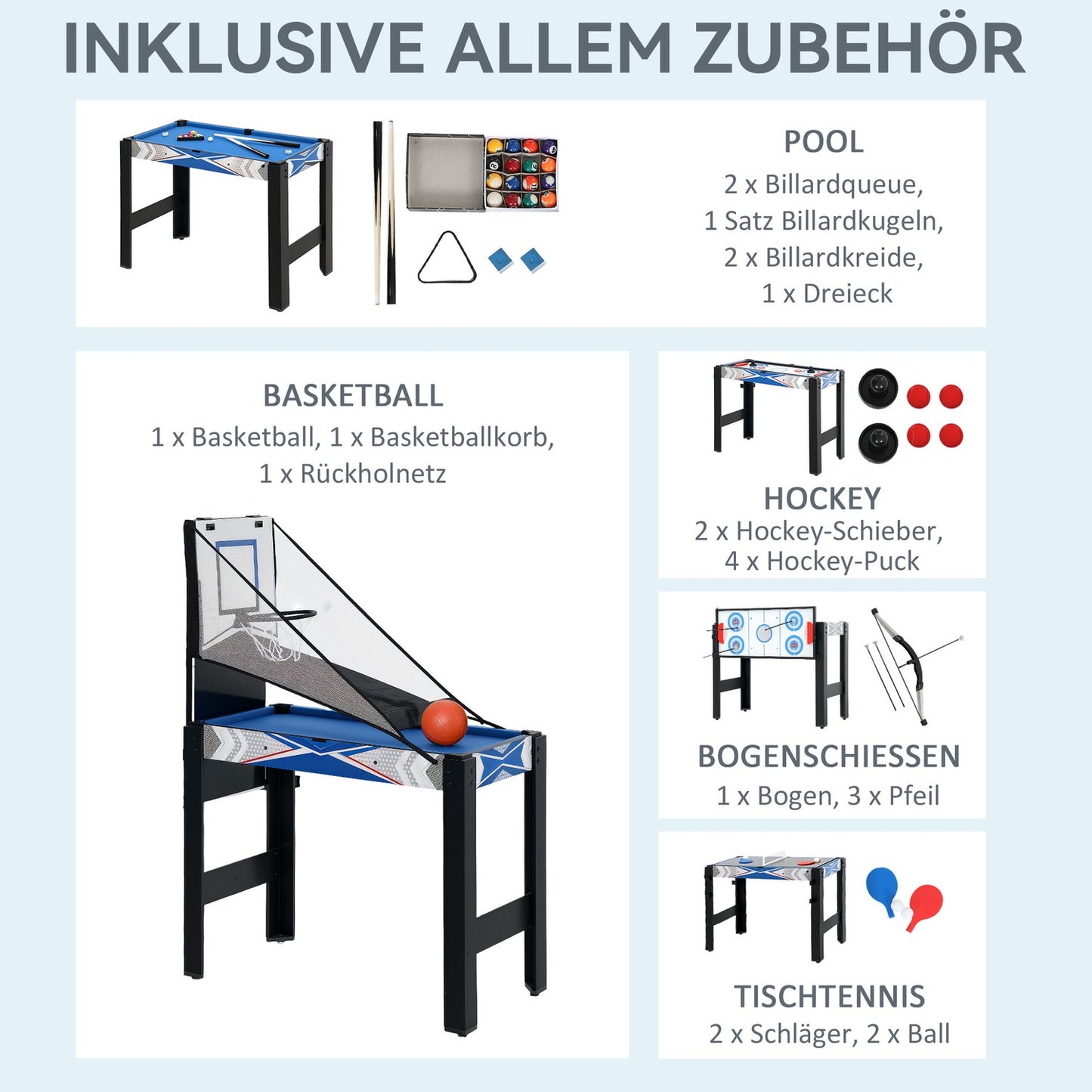 5-in-1 Game Table: Billiards, Table Tennis, Hockey, Basketball, Archery