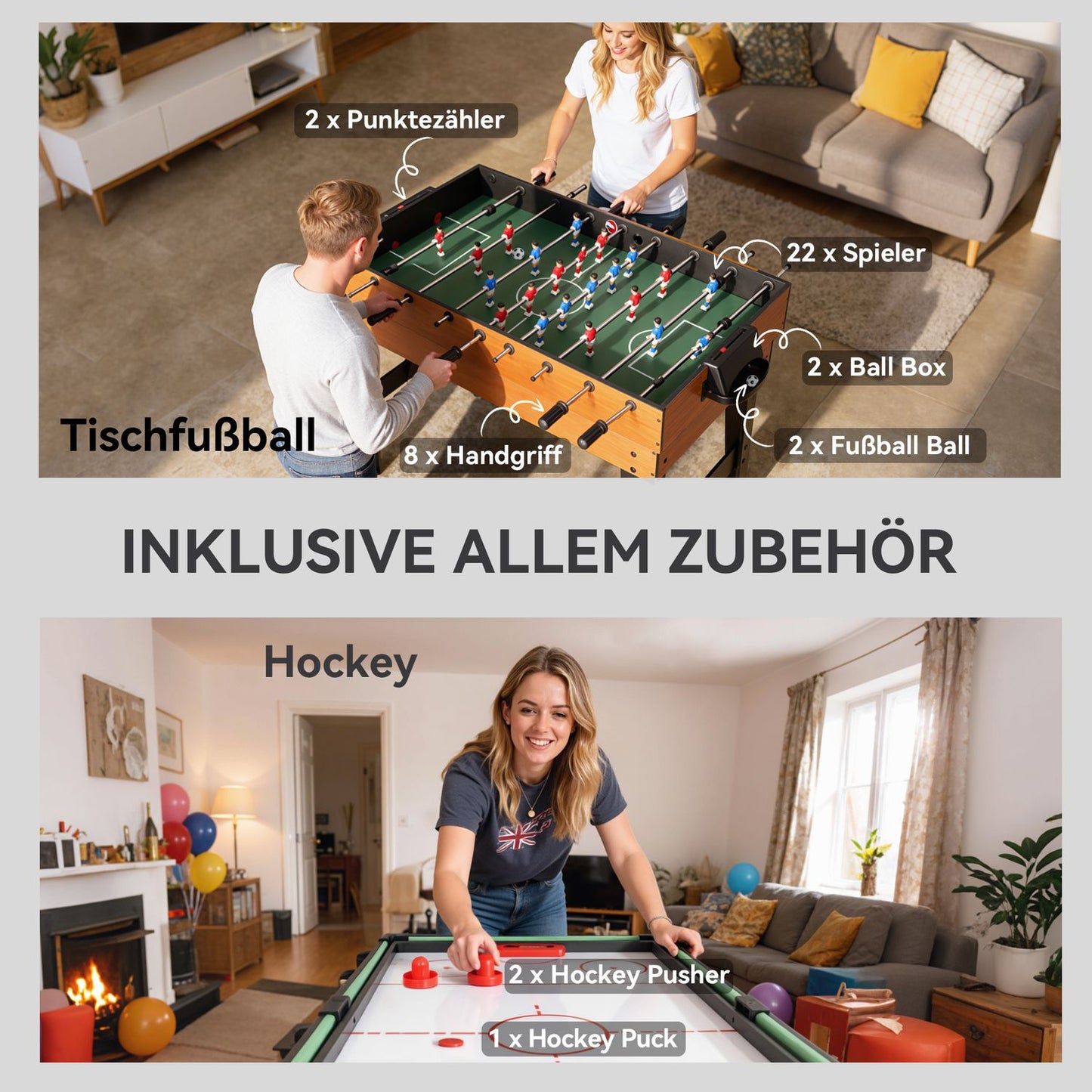 5-in-1 Game Table, Foosball, Hockey, Tennis, Walnut