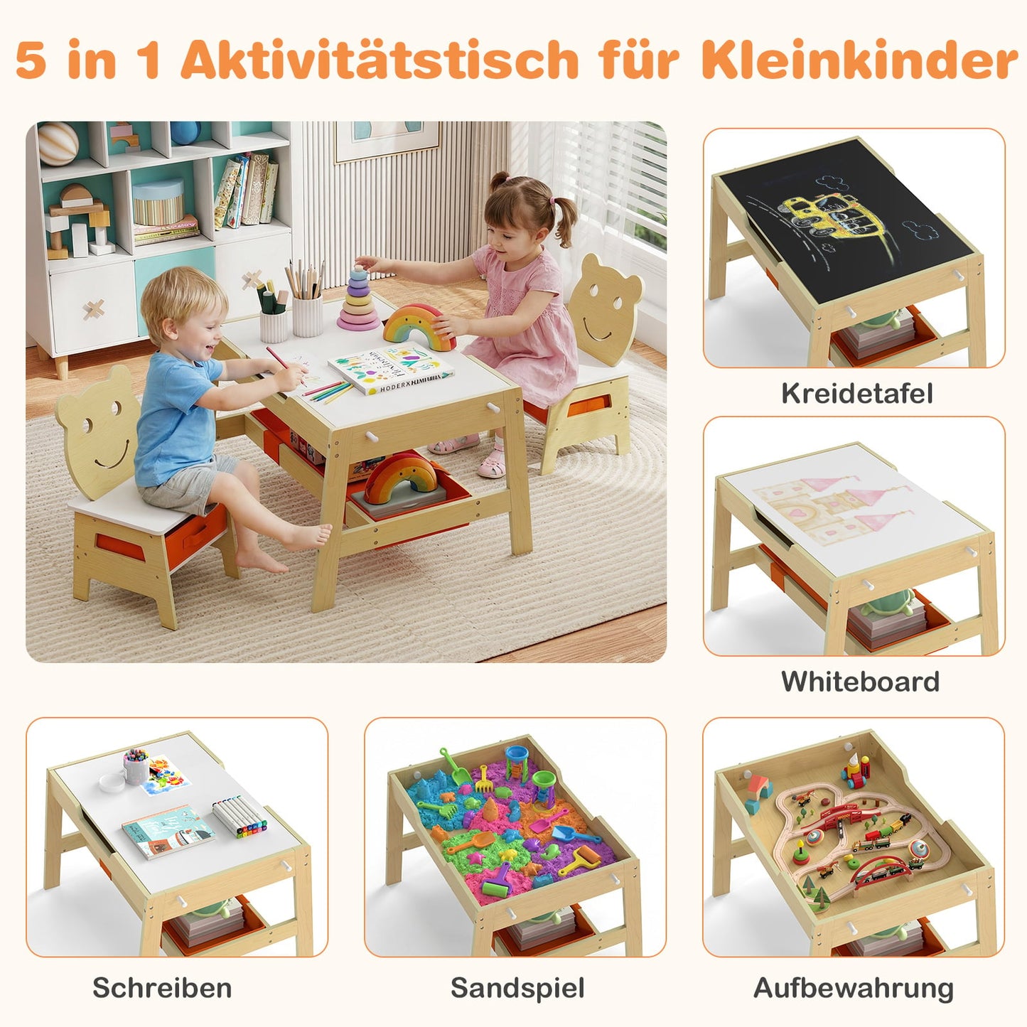 5-in-1 Kids Table Set with Chalkboard & Storage
