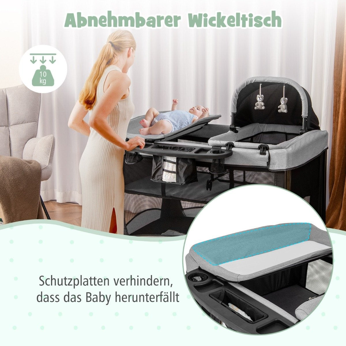 5 in 1 Portable Baby Bed with Travel Cot & Cradle & Playpen & Changing Table Black + Gray