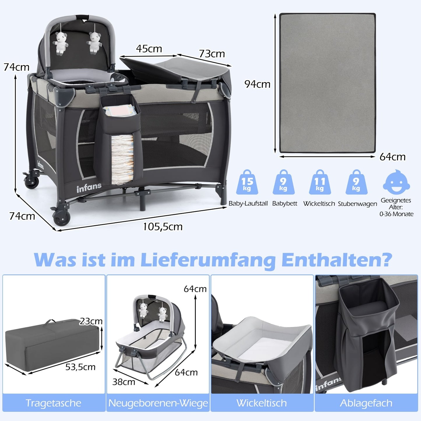 5-in-1 Portable Baby Crib with Changing Table & Bassinet